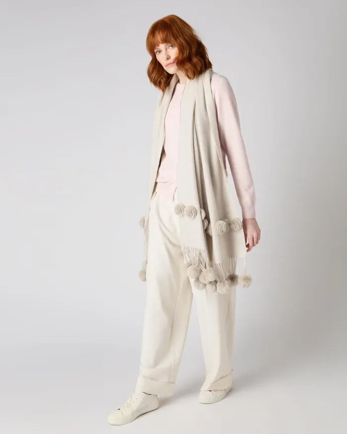 NPeal Pashminas Wraps and Shawls Women Davos Fur Bobble Woven Shawl Ecru White