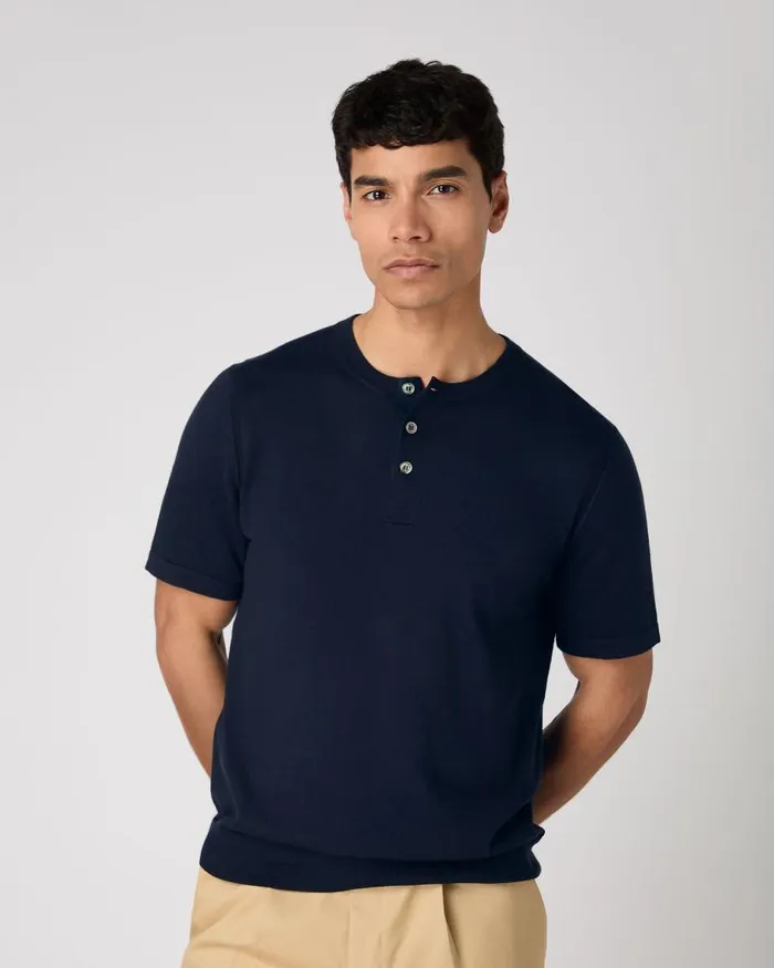 NPeal Polos and Tshirts Men Henley Cotton Cashmere TShirt Navy Blue