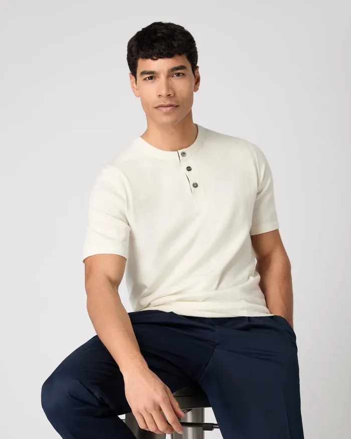 NPeal Polos and Tshirts Men Henley Cotton Cashmere TShirt New Ivory White
