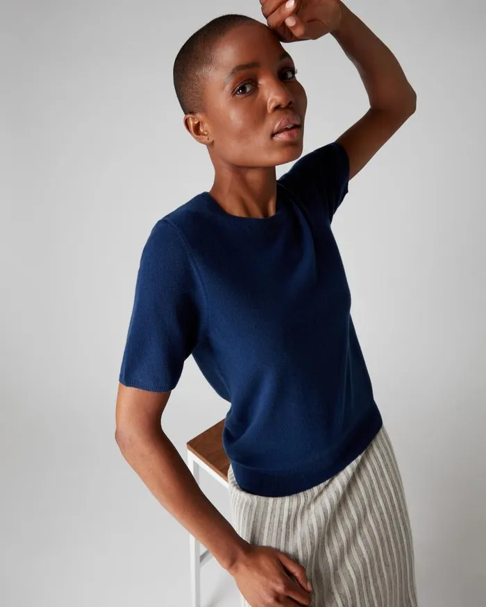 NPeal Tops and Tshirts Women Round Neck Cashmere T Shirt French Blue