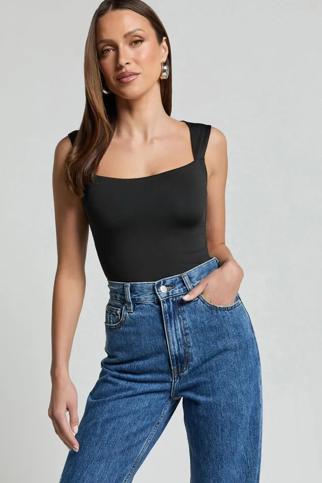 Nerine Bodysuit 8211 Wide Strap Scoop Neck In Black Women Showpo Tops