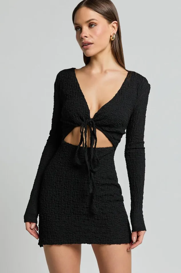 Nicky Mini Dress 8211 Textured Plunge Cut Out Dress In Black Women Showpo Dresses