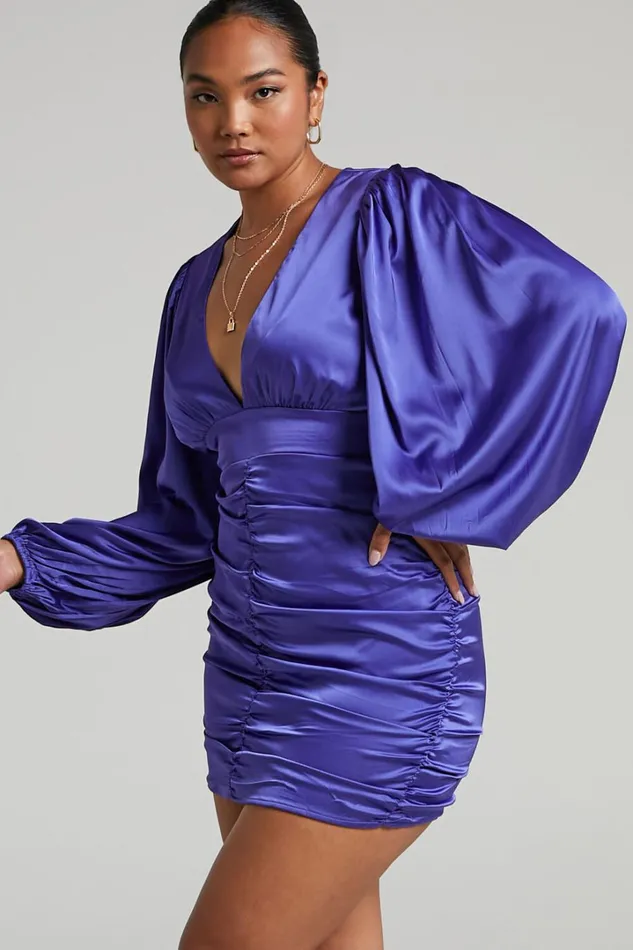 Nicole Mini Dress 8211 Plunge Neck Ruched Dress In Steel Blue Women Showpo Dresses