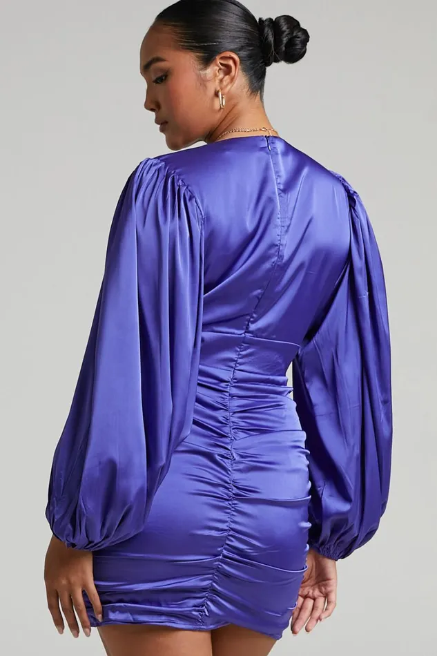 Nicole Mini Dress 8211 Plunge Neck Ruched Dress In Steel Blue Women Showpo Dresses