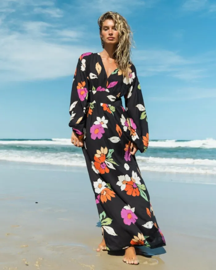 Night Bloom Long Sleeve Maxi Dress Black Pebble Women Billabong Maxi Dresses
