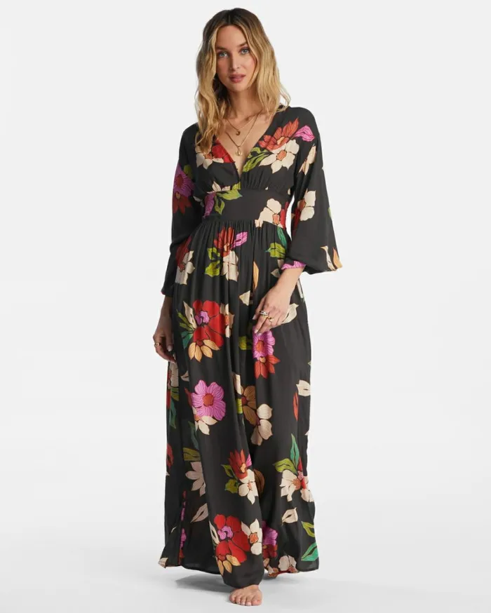 Night Bloom Long Sleeve Maxi Dress Black Pebble Women Billabong Maxi Dresses
