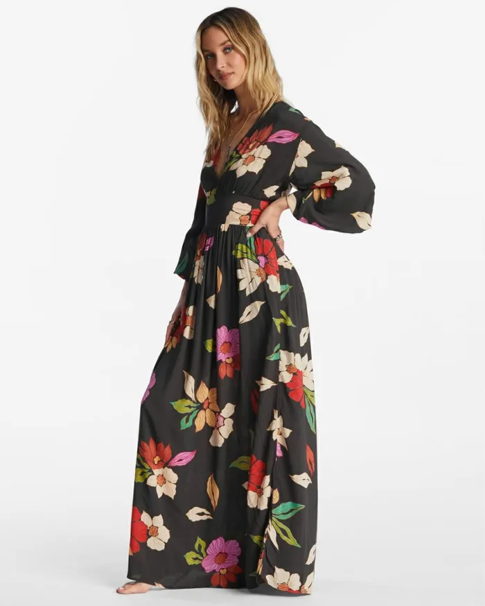 Night Bloom Long Sleeve Maxi Dress Black Pebble Women Billabong Maxi Dresses