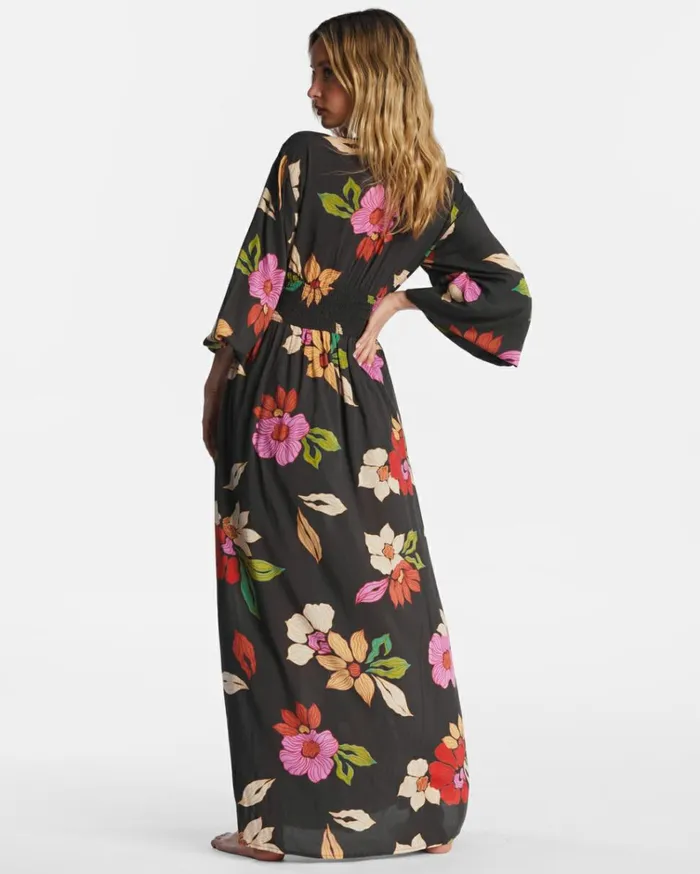 Night Bloom Long Sleeve Maxi Dress Black Pebble Women Billabong Maxi Dresses