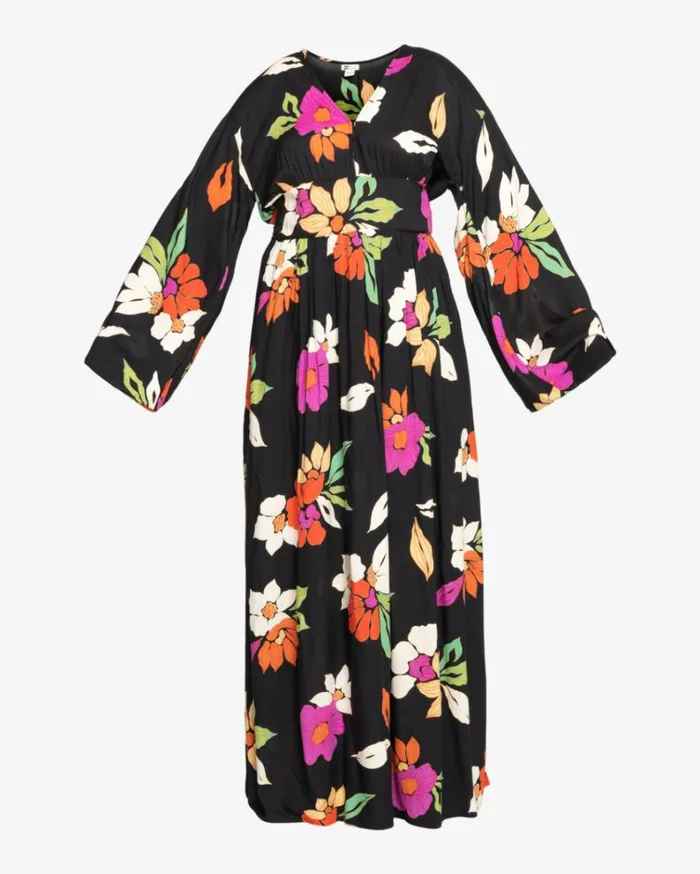 Night Bloom Long Sleeve Maxi Dress Black Pebble Women Billabong Maxi Dresses