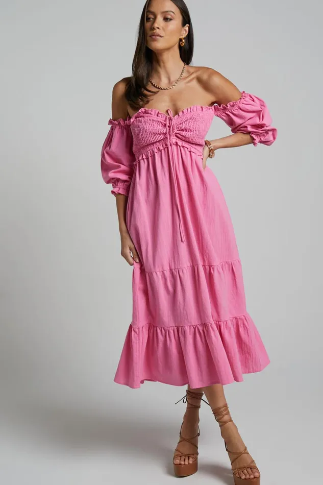 Nikka Midi Dress 8211 Shirred Off Shoulder Puff Sleeve Dress In Pink Women Showpo Dresses