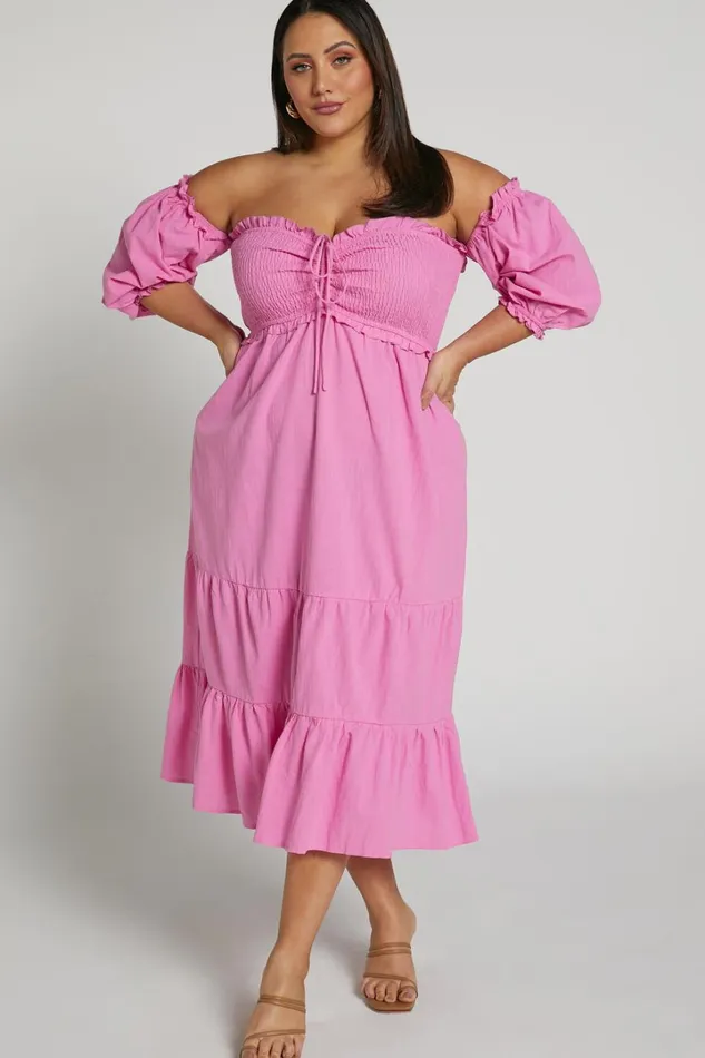 Nikka Midi Dress 8211 Shirred Off Shoulder Puff Sleeve Dress In Pink Women Showpo Dresses