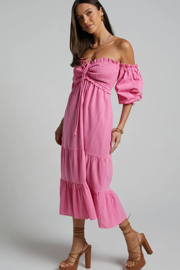 Nikka Midi Dress 8211 Shirred Off Shoulder Puff Sleeve Dress In Pink Women Showpo Dresses