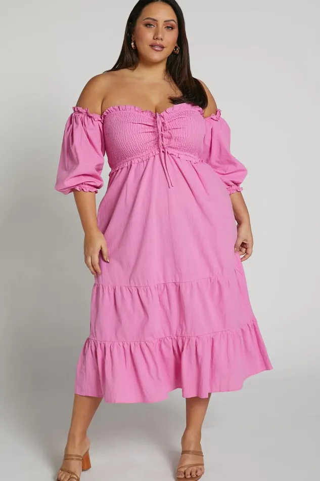 Nikka Midi Dress 8211 Shirred Off Shoulder Puff Sleeve Dress In Pink Women Showpo Dresses