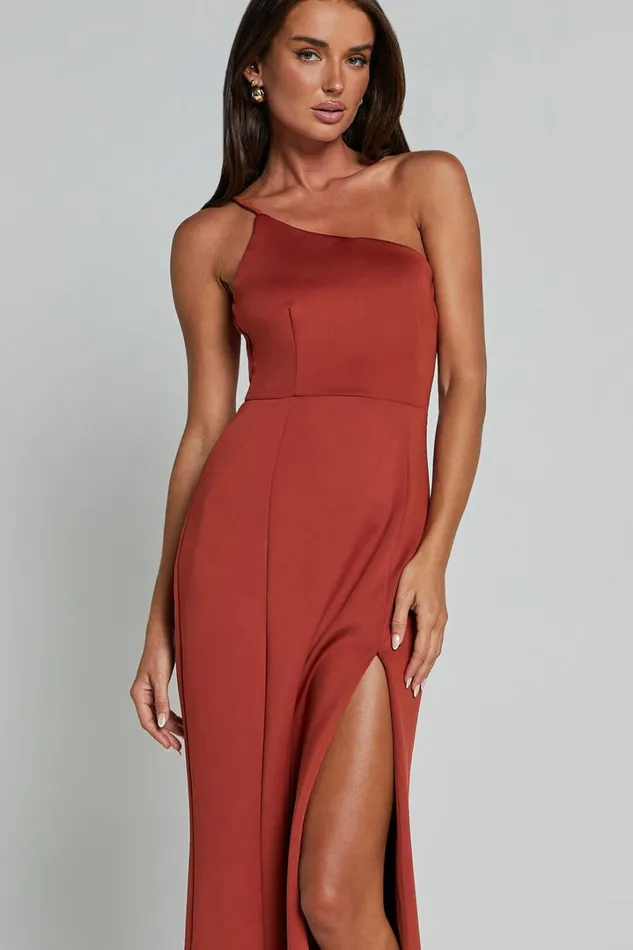 No Ones Fault Midi Dress 8211 One Shoulder Thigh Split Dress In Rust Women Showpo Curve Clothes