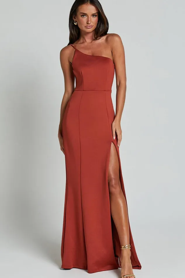 No Ones Fault Midi Dress 8211 One Shoulder Thigh Split Dress In Rust Women Showpo Curve Clothes