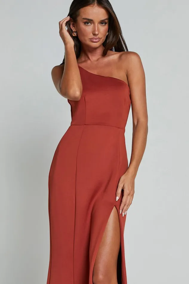 No Ones Fault Midi Dress 8211 One Shoulder Thigh Split Dress In Rust Women Showpo Curve Clothes