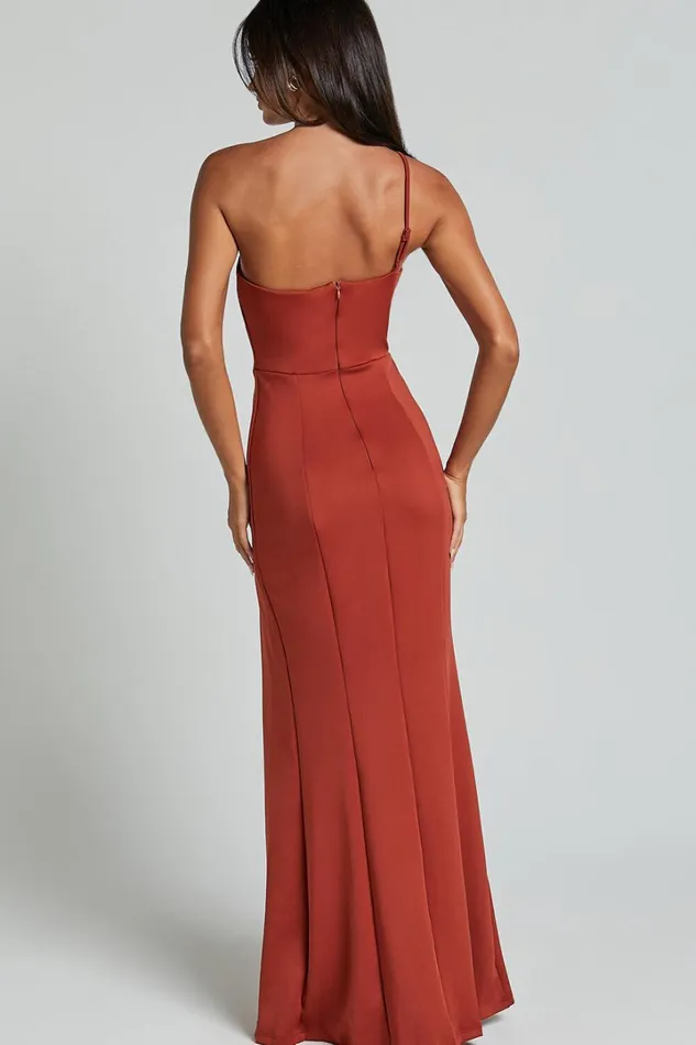No Ones Fault Midi Dress 8211 One Shoulder Thigh Split Dress In Rust Women Showpo Curve Clothes