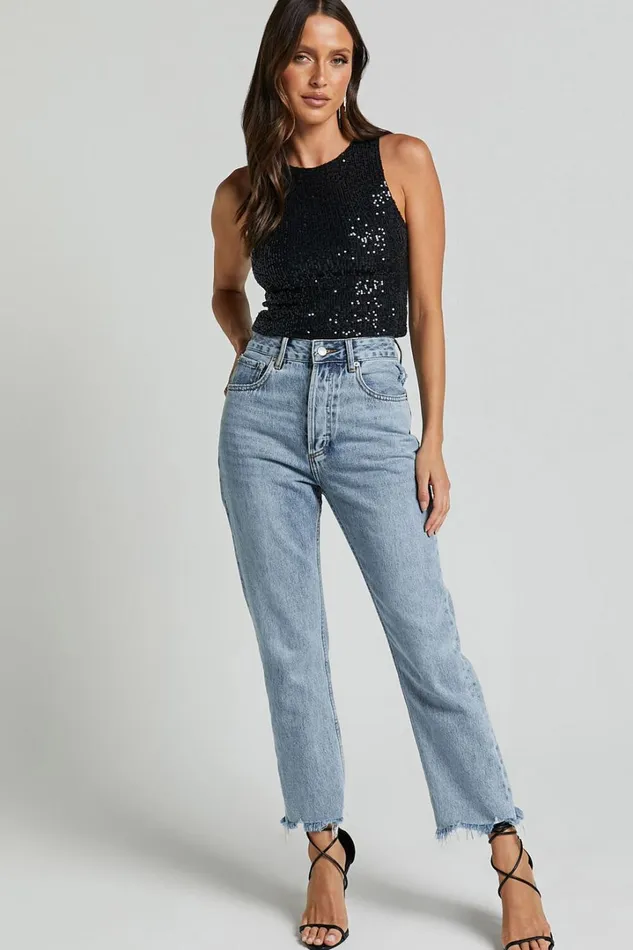 Nouvel Top 8211 High Neck Sequin Tank Top In Black Women Showpo Tops