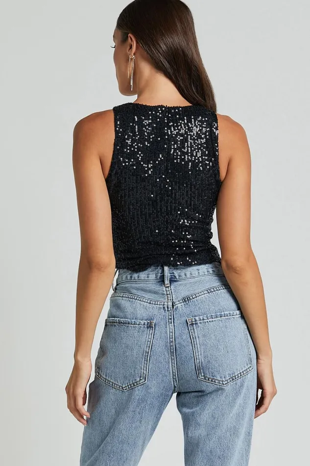Nouvel Top 8211 High Neck Sequin Tank Top In Black Women Showpo Tops