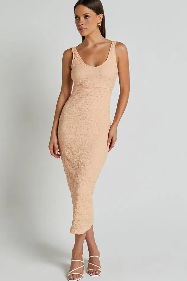 Novida Midi Dress 8211 Textured Bodycon Dress In Sherbet Women Showpo Dresses