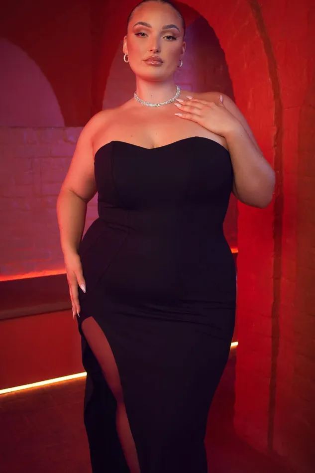 Oriella Midi Dress 8211 Panelled Thigh Split Strapless Dress In Black Women Showpo Curve Clothes