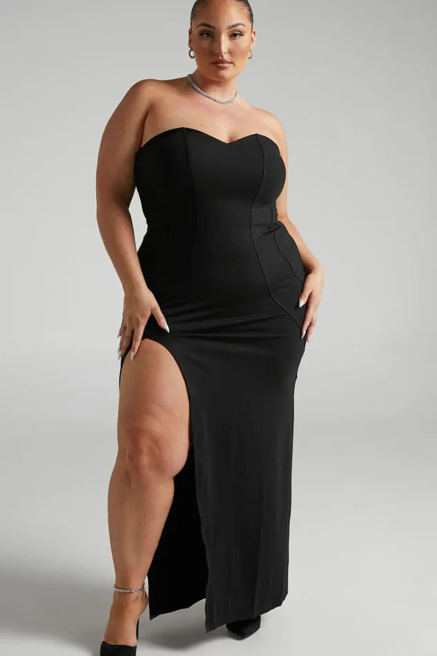Oriella Midi Dress 8211 Panelled Thigh Split Strapless Dress In Black Women Showpo Curve Clothes