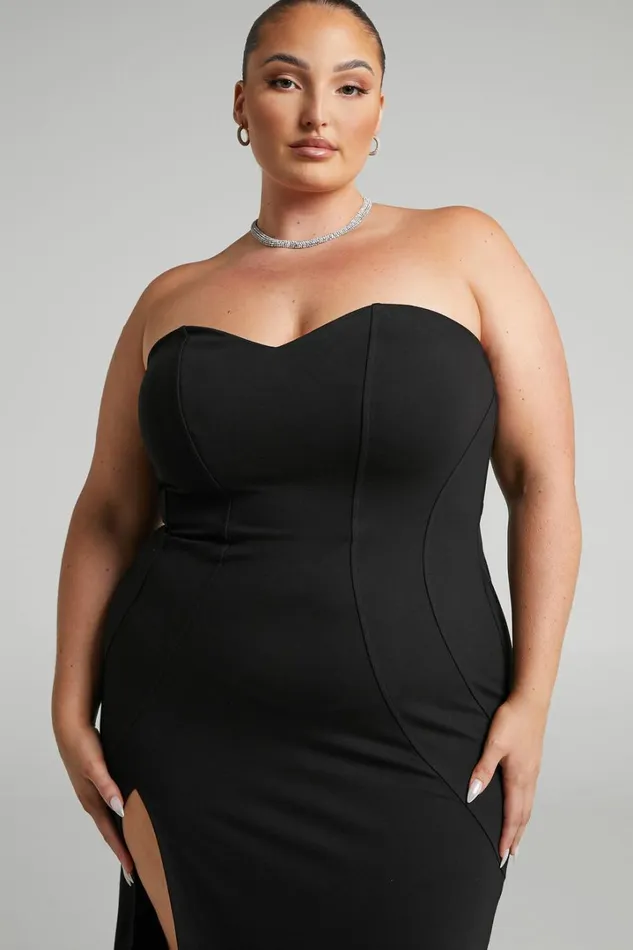 Oriella Midi Dress 8211 Panelled Thigh Split Strapless Dress In Black Women Showpo Curve Clothes