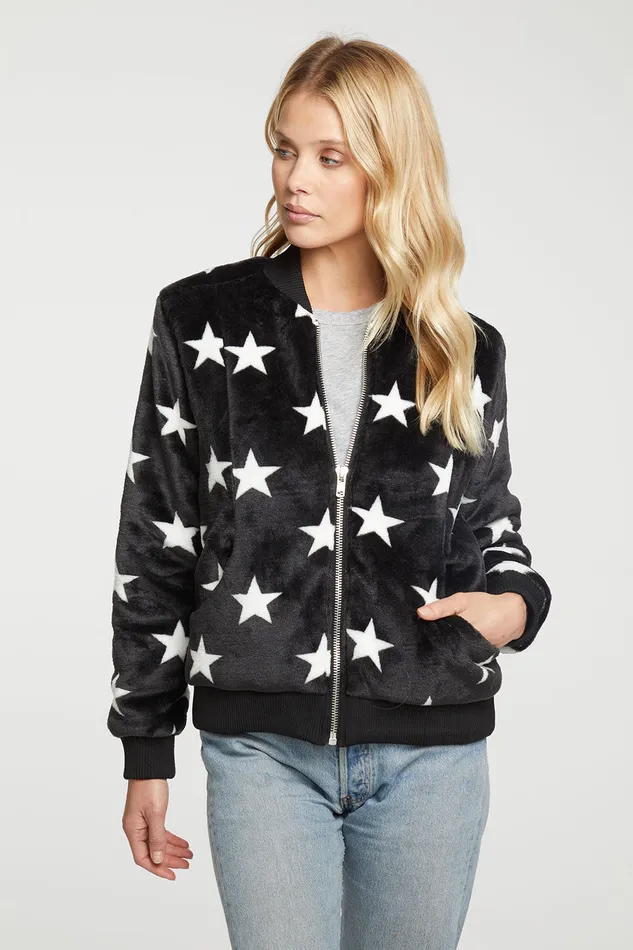 Outerwear Star Faux Fur Long Sleeve Bomber Jacket 8211 Chaser Brand Womens