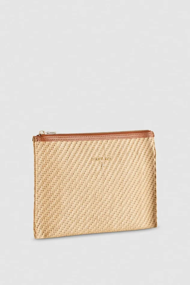 Patrizia Pepe Envelope Bag In Woven Fabric Brown Naturalcuoio Bags Clutches