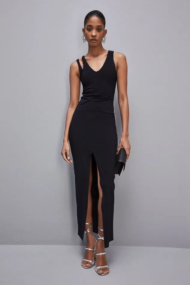Patrizia Pepe Essential Technical Jersey Vneck Dress Black Nero Apparel Long