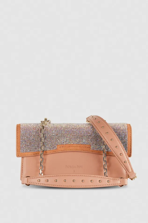 Patrizia Pepe Fly Bamby Shoulder Bag With Rhinestones Pink Crystal Rose Bags Handbags