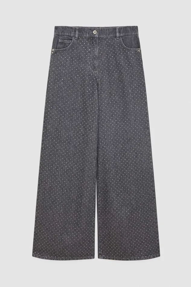Patrizia Pepe Gray Wide Leg Lowwaisted Jeans With Rhinestones Grey Gray Denim Apparel Jeans