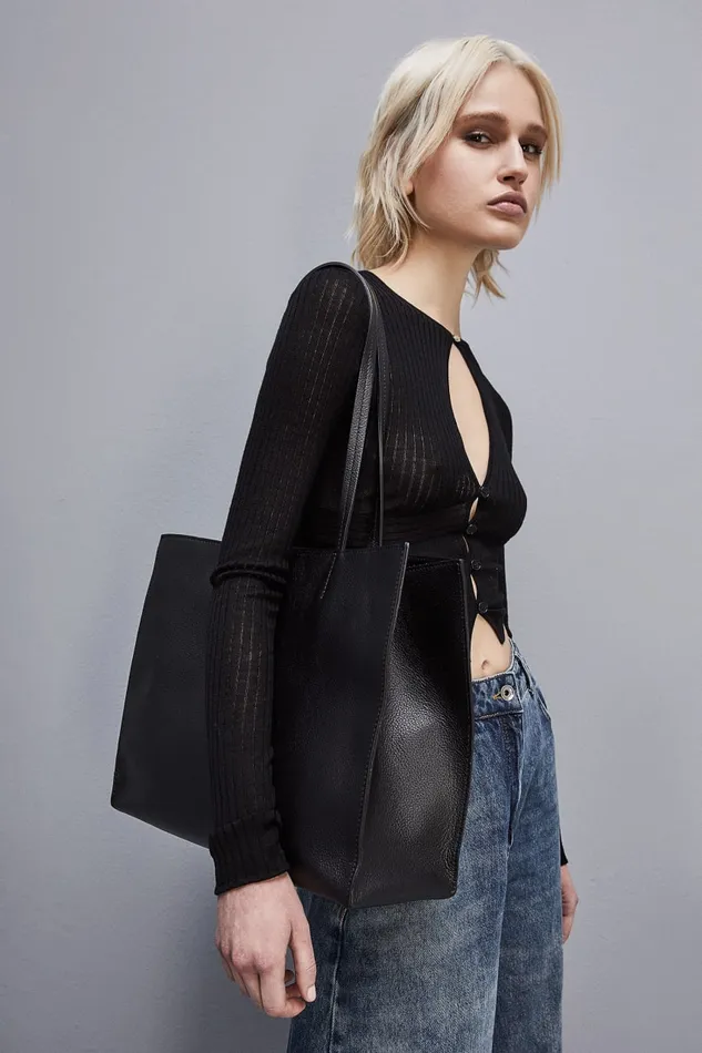 Patrizia Pepe Hammered Leather Shopping Bag Black Nero Bags Shoppers