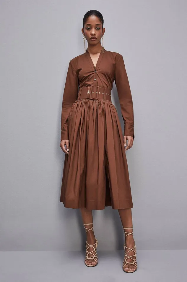 Patrizia Pepe Midi Flared Skirt With Belt Brown Chocolate Brown Apparel Midi