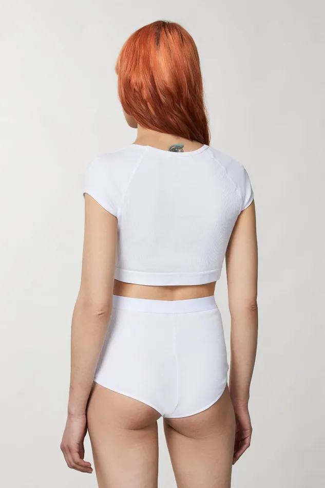 Patrizia Pepe Ribknit Top With Rhinestones White Bianco Apparel Tops