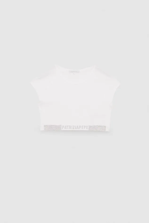 Patrizia Pepe Ribknit Top With Rhinestones White Bianco Apparel Tops