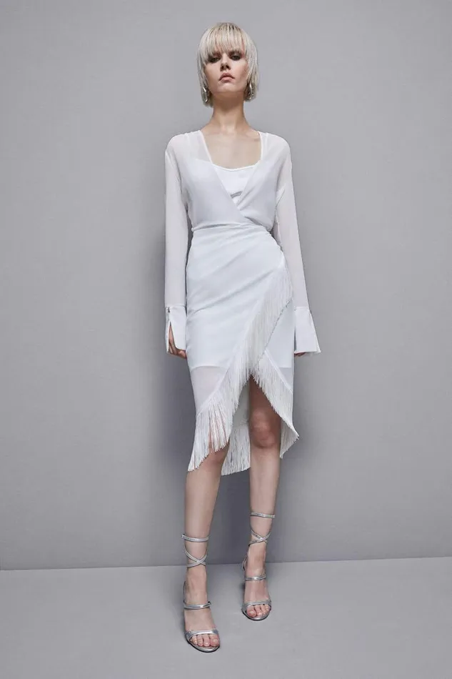 Patrizia Pepe Satin And Georgette Dress With Fringes White Bianco Apparel Midi