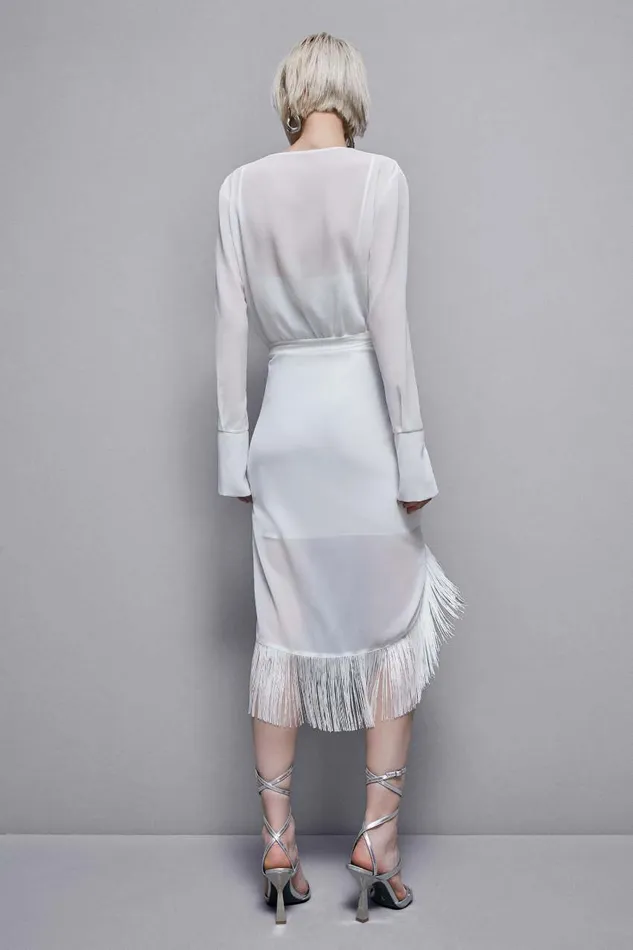 Patrizia Pepe Satin And Georgette Dress With Fringes White Bianco Apparel Midi