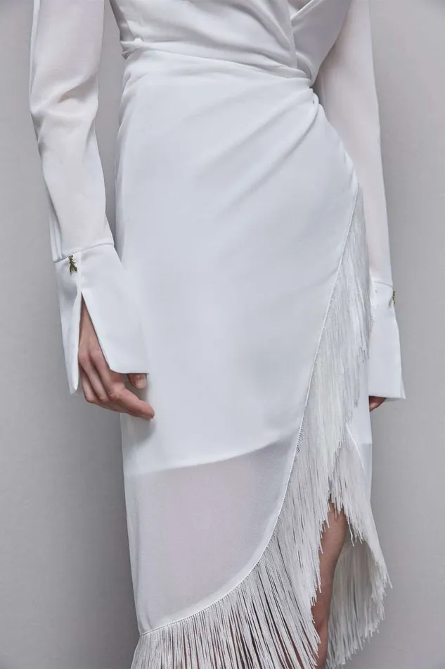 Patrizia Pepe Satin And Georgette Dress With Fringes White Bianco Apparel Midi