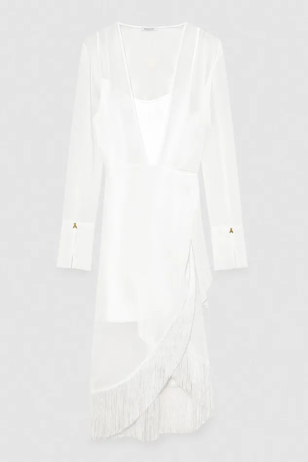 Patrizia Pepe Satin And Georgette Dress With Fringes White Bianco Apparel Midi
