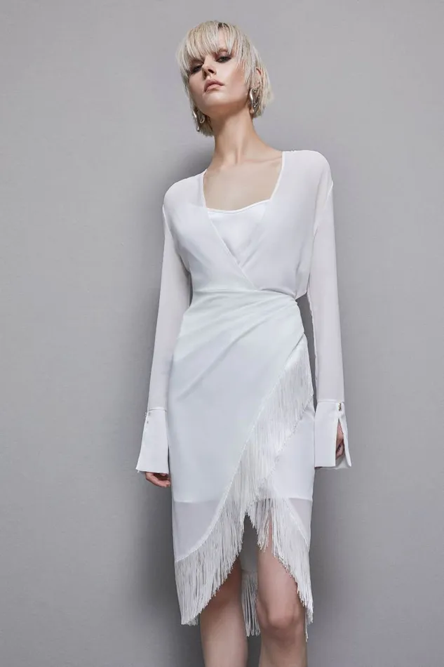 Patrizia Pepe Satin And Georgette Dress With Fringes White Bianco Apparel Midi