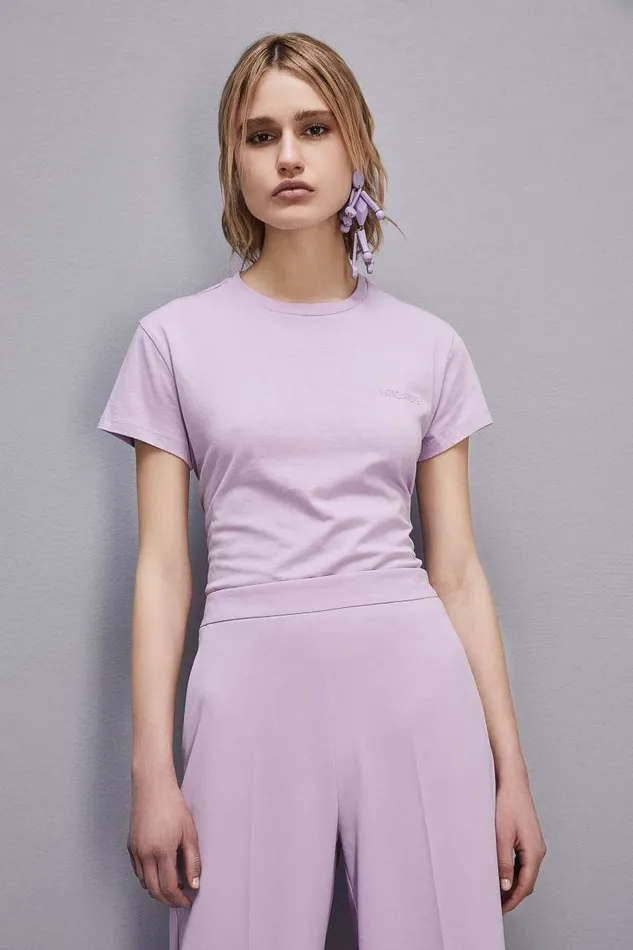 Patrizia Pepe Shortsleeved Tshirt With Logo In Organic Cotton Purple Iris Lilac Apparel TShirts