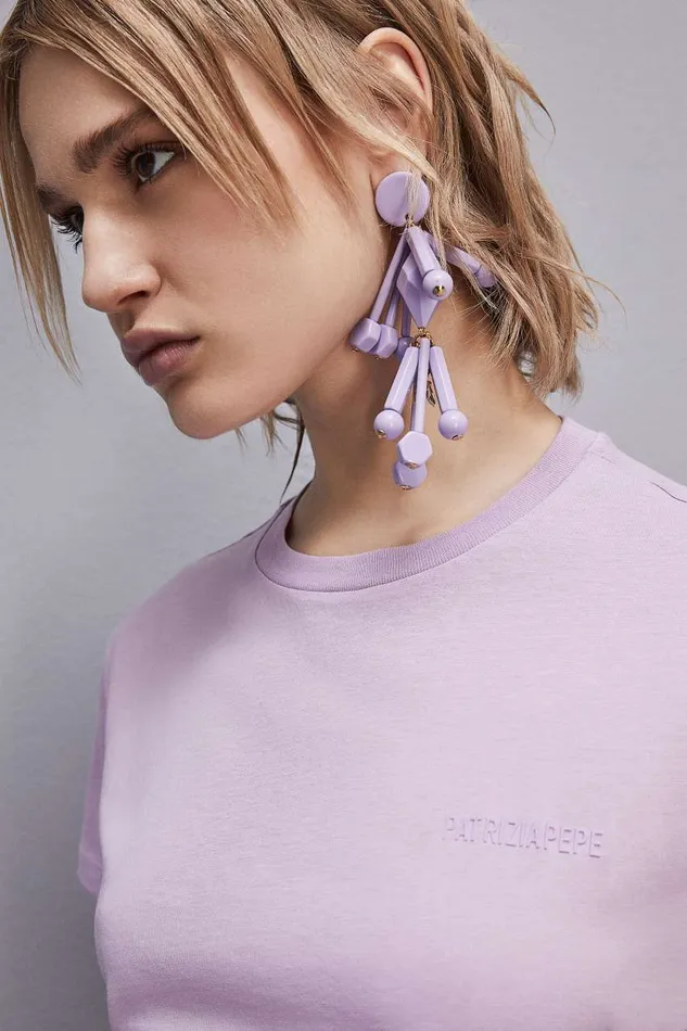 Patrizia Pepe Shortsleeved Tshirt With Logo In Organic Cotton Purple Iris Lilac Apparel TShirts
