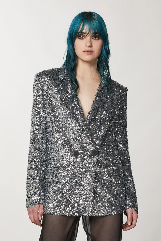 Patrizia Pepe Silver Twobutton Jacket With Sequins Silver Sequins Apparel Blazers
