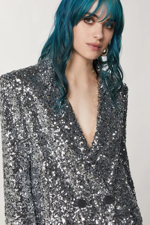 Patrizia Pepe Silver Twobutton Jacket With Sequins Silver Sequins Apparel Blazers