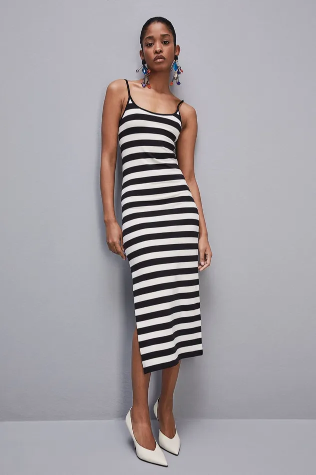 Patrizia Pepe Slim Jersey Dress With Cotton Straps White Blackwhite Stripes Apparel Midi