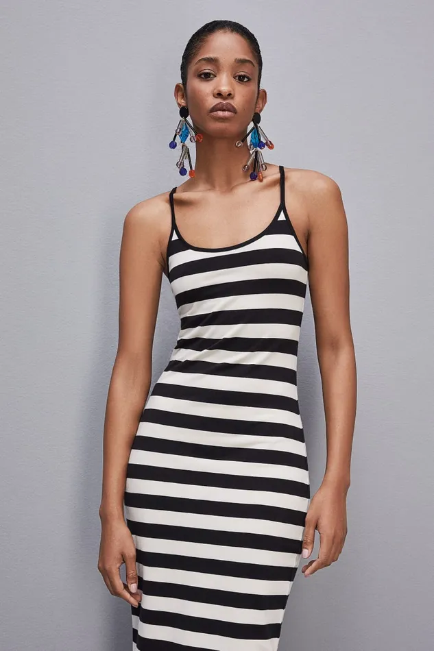 Patrizia Pepe Slim Jersey Dress With Cotton Straps White Blackwhite Stripes Apparel Midi