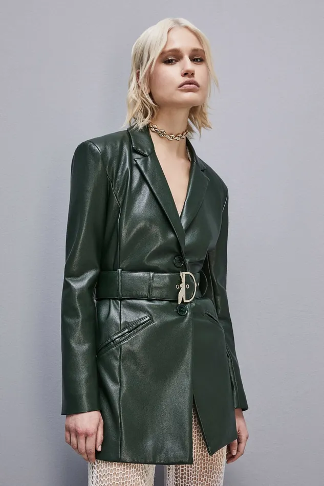 Patrizia Pepe Twobutton Jacket In Coated Fabric Green Tuscany Green Apparel Jackets