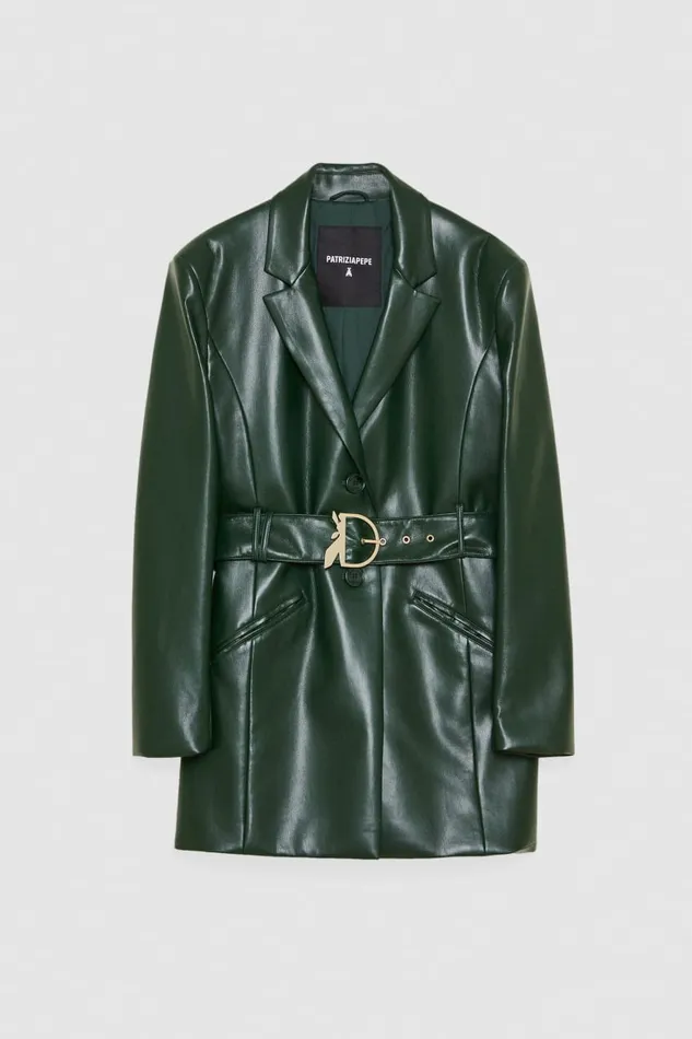 Patrizia Pepe Twobutton Jacket In Coated Fabric Green Tuscany Green Apparel Jackets