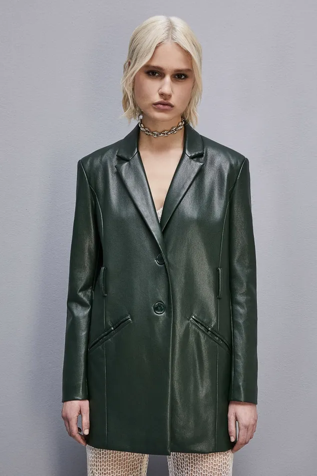 Patrizia Pepe Twobutton Jacket In Coated Fabric Green Tuscany Green Apparel Jackets